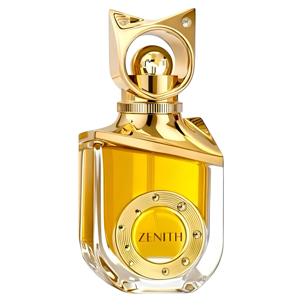Riiffs Zenith golden perfume bottle with sculptural gold cap, centered on a white square background.