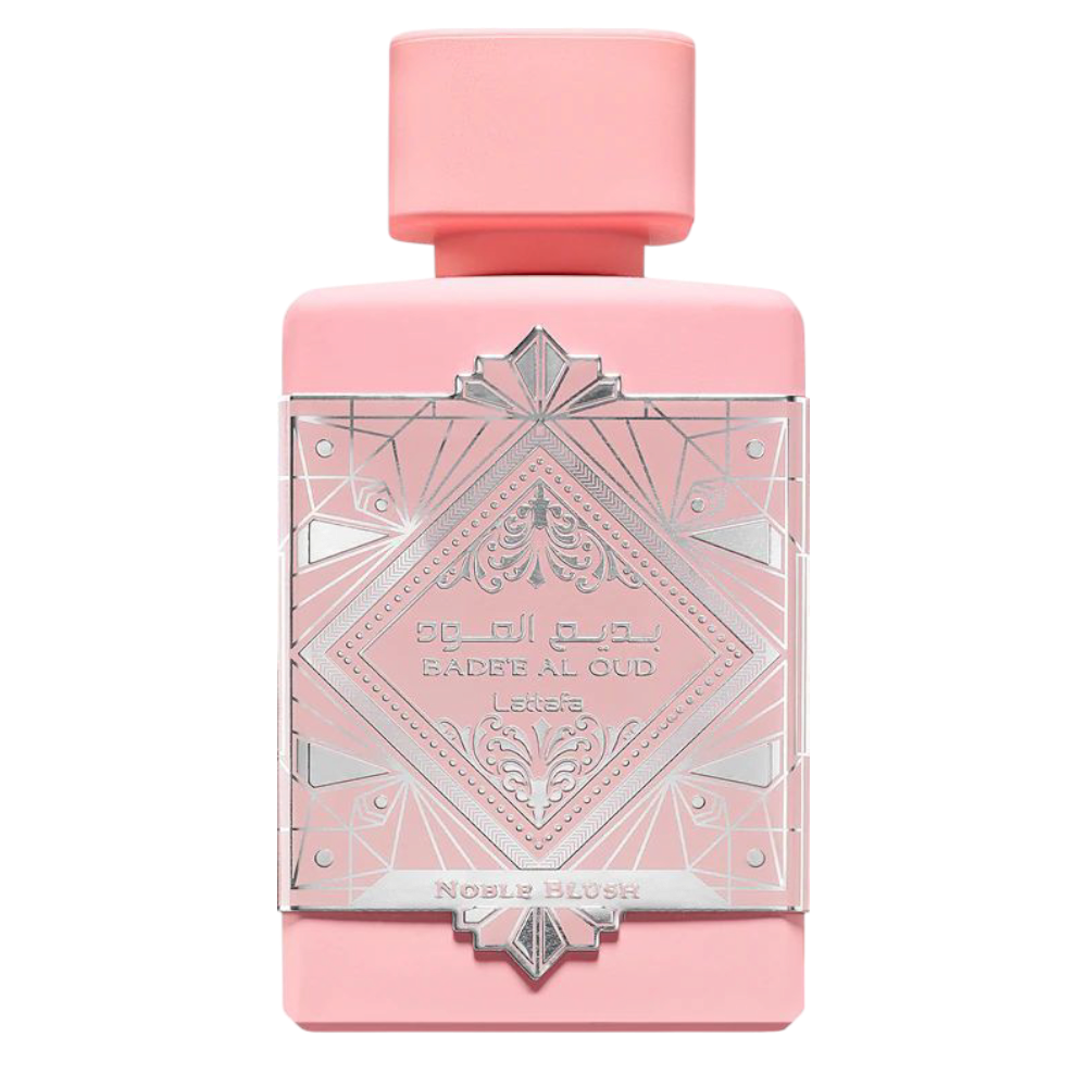 Lattafa Noble Blush pink bottle with ornate silver detailing on a white square background.