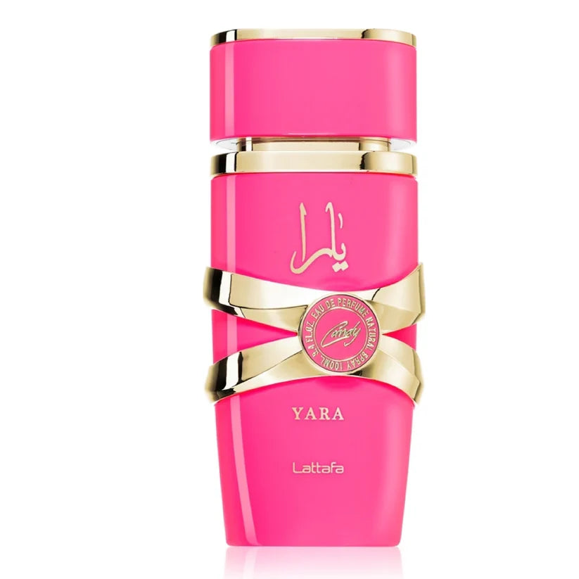 Pink Lattafa Yara Candy bottle on white background