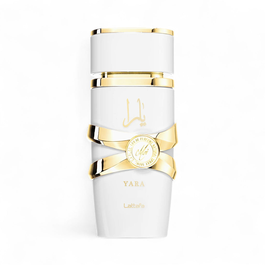 Lattafa Yara Moi white and gold bottle on white background