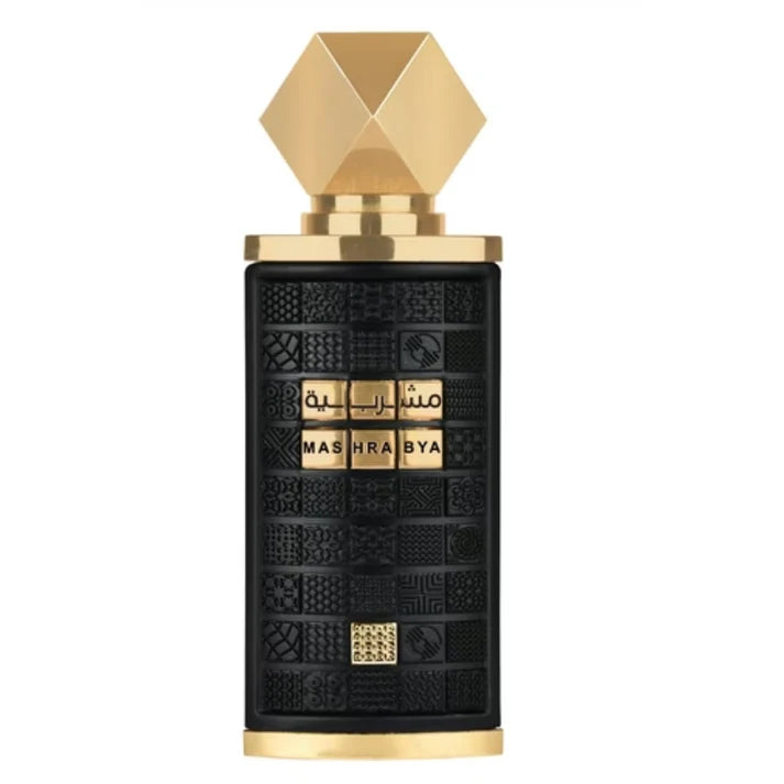 Lattafa Mashrabya black and gold bottle on white