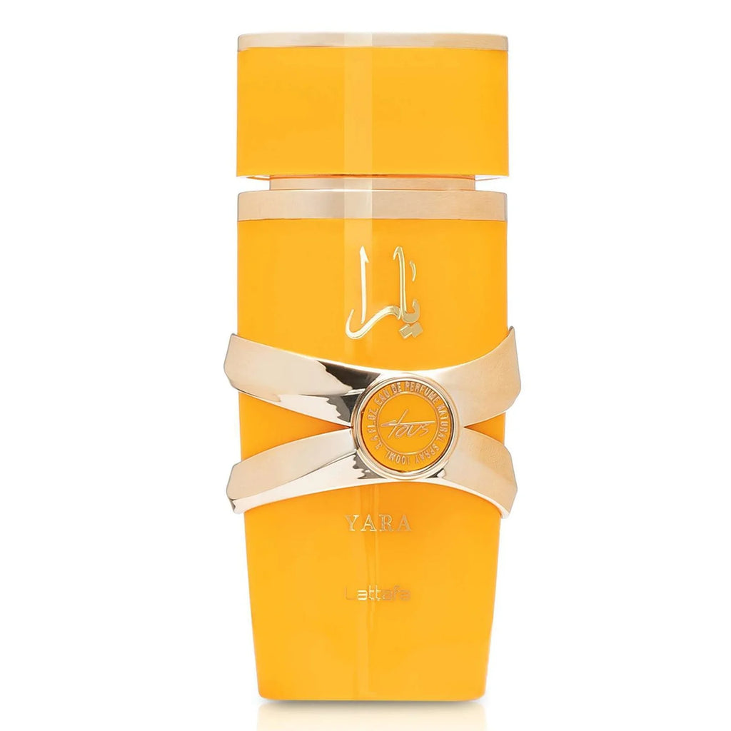 Lattafa Yara Tous yellow bottle on a white background