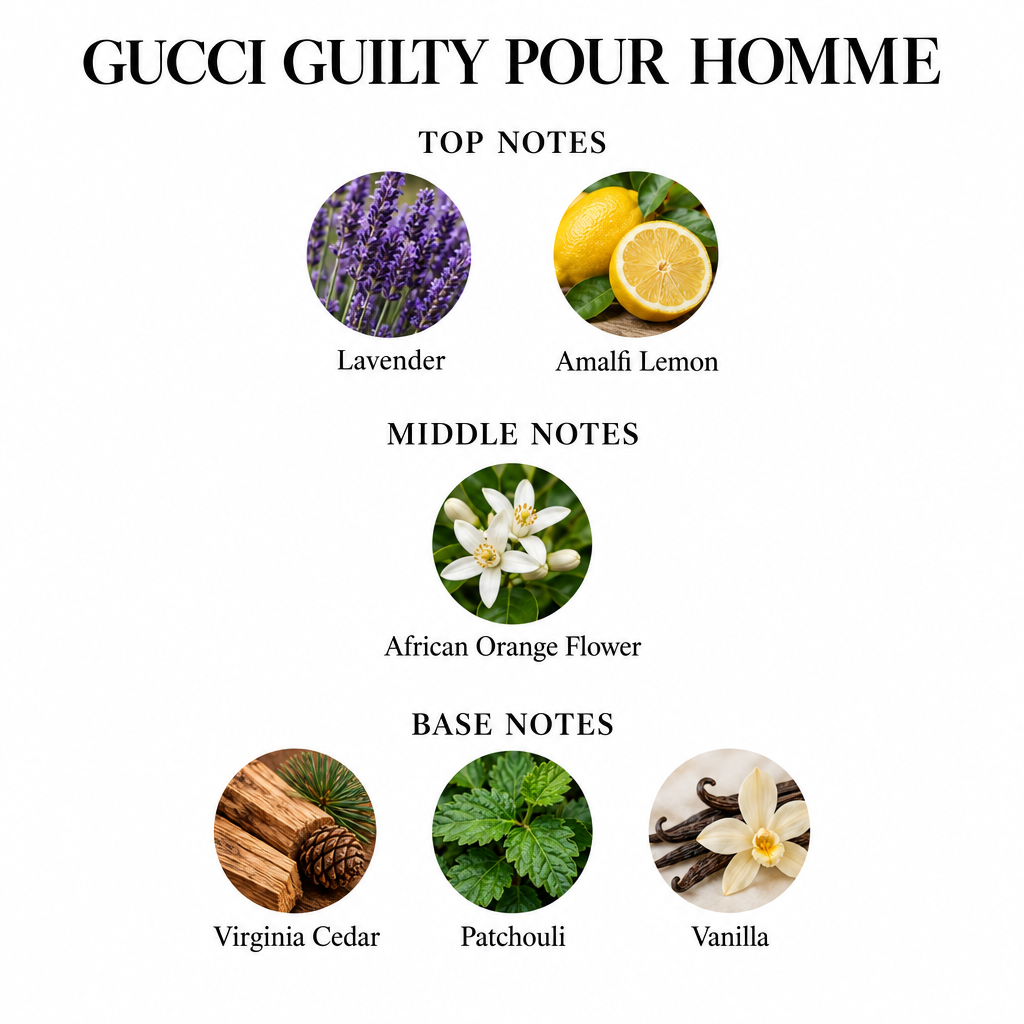 Gucci Guilty Pour Homme notes card: Lavender, Amalfi Lemon; African Orange Flower; Virginia Cedar, Patchouli, Vanilla