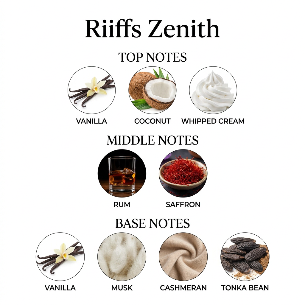 Riiffs Zenith notes: top vanilla, coconut and whipped cream; heart rum and saffron; base vanilla, musk, cashmeran and tonka bean.