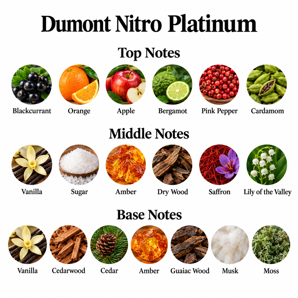 Dumont Nitro Platinum notes card showing top, middle, and base fragrance notes