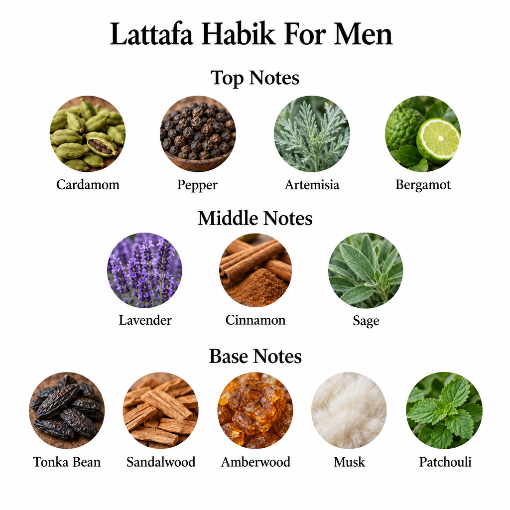 Habik For Men: cardamom, pepper, artemisia, bergamot; lavender, cinnamon, sage; tonka bean, sandalwood, amberwood, musk, patchouli.