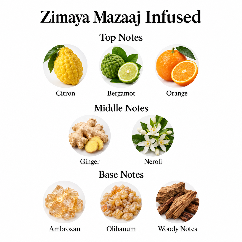 Mazaaj Infused notes: citron, bergamot, orange; ginger, neroli; Ambroxan, olibanum, woody notes.