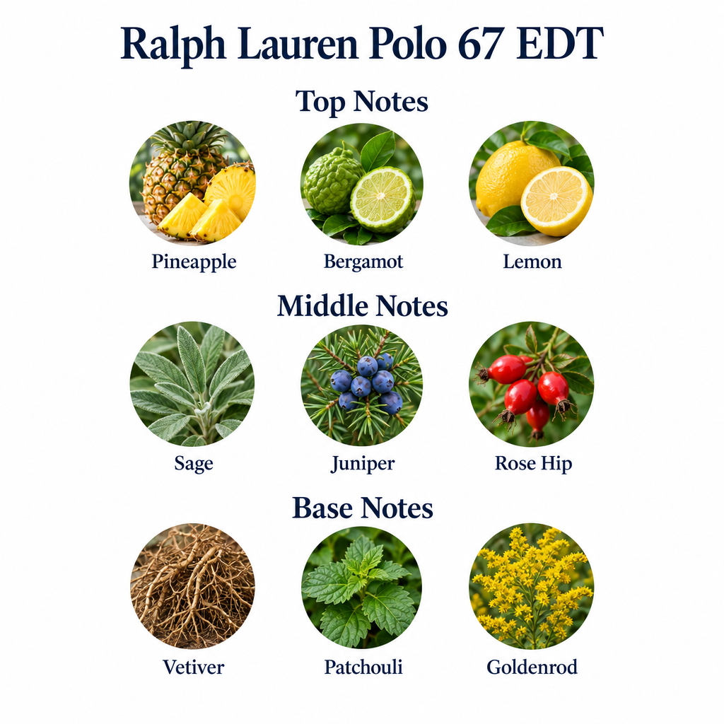 Polo 67 notes: pineapple, bergamot, lemon; sage, juniper, rose hip; vetiver, patchouli, goldenrod.