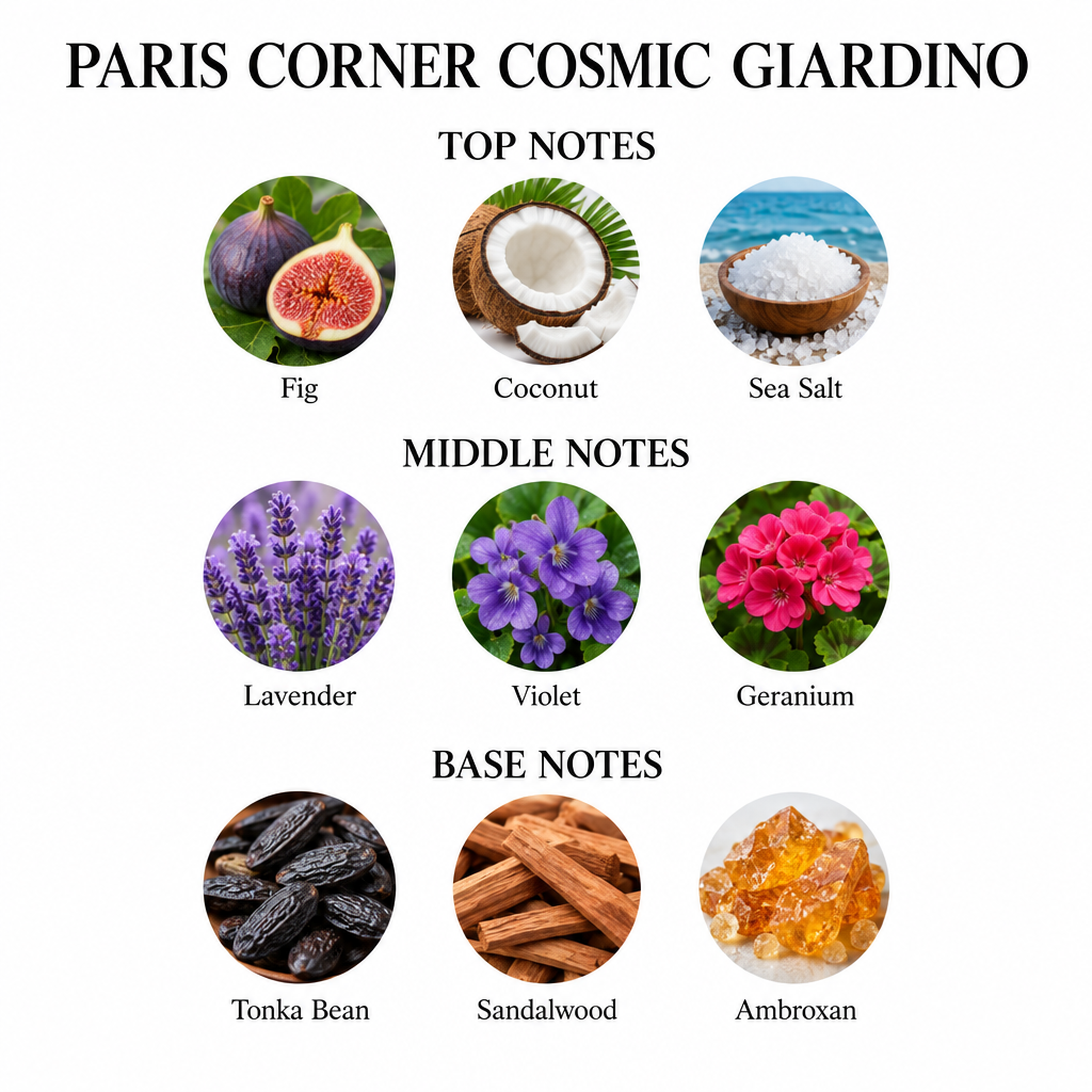 Paris Corner Cosmic Giardino notes card: Fig, Coconut, Sea Salt; Lavender, Violet, Geranium; Tonka Bean, Sandalwood, Ambroxan