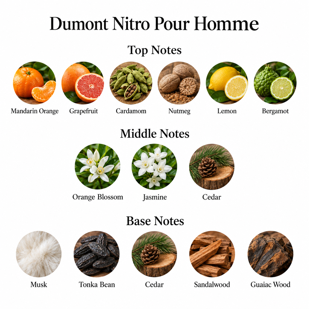 Dumont Nitro Pour Homme notes card showing top, middle, and base fragrance notes