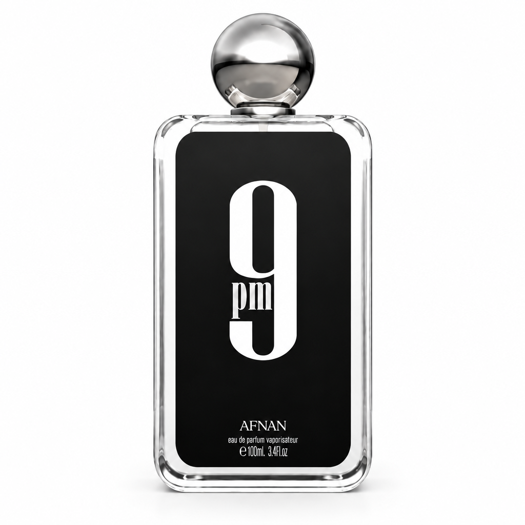 Afnan 9PM bottle closely framed and centered on white