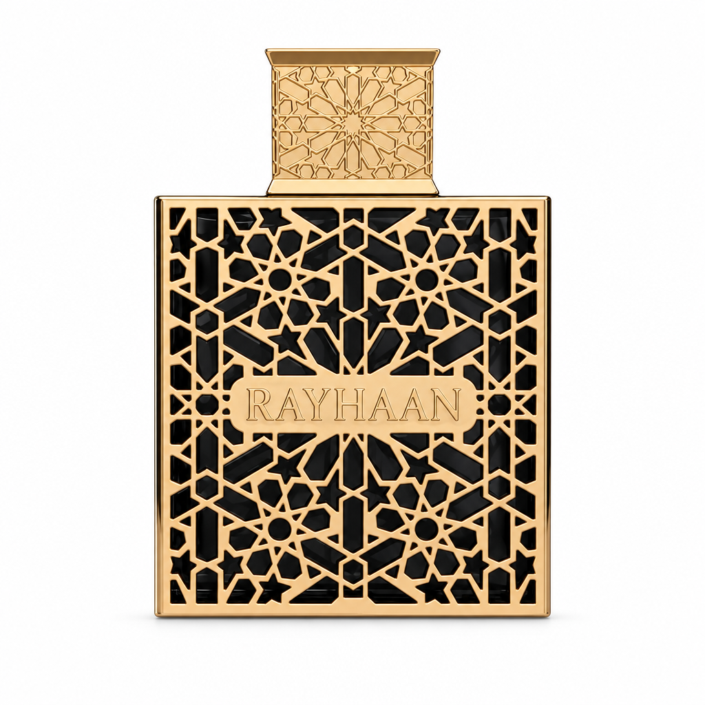 Rayhaan Elixir black and gold fragrance bottle on a white background.