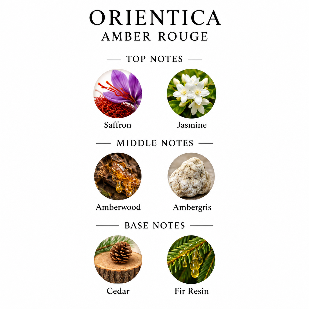 Orientica Amber Rouge notes: saffron, jasmine, amberwood, ambergris, cedar and fir resin