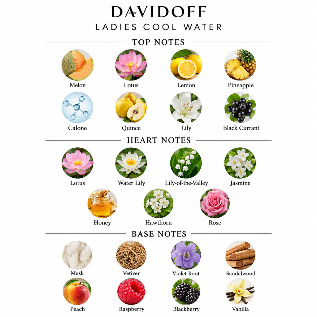 Davidoff Ladies Cool Water top, heart and base fragrance notes