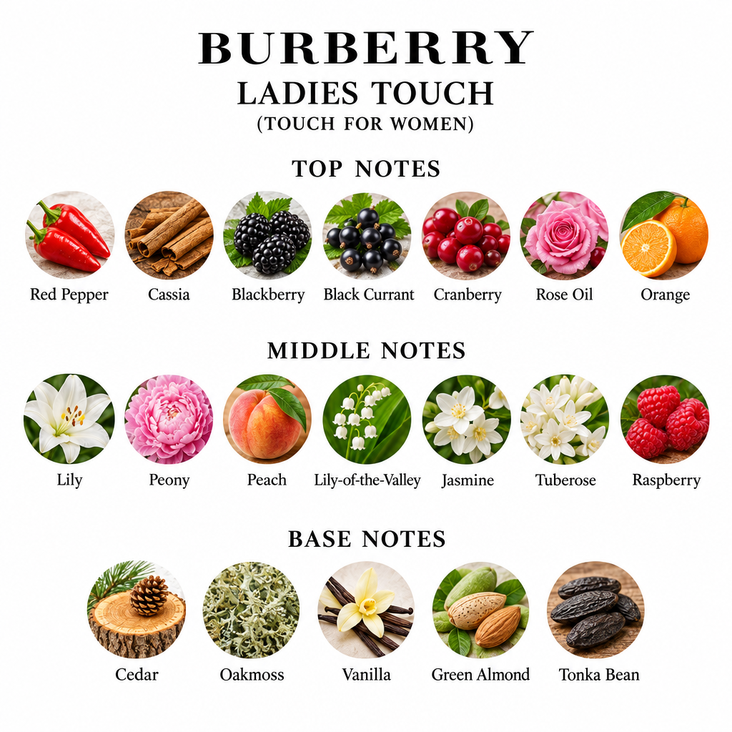 Top notes red pepper, cassia, blackberry, black currant, cranberry, rose oil, orange; middle notes lily, peony, peach, lily-of-the-valley, jasmine, tuberose, raspberry; base notes cedar, oakmoss, vanilla, green almond, tonka bean