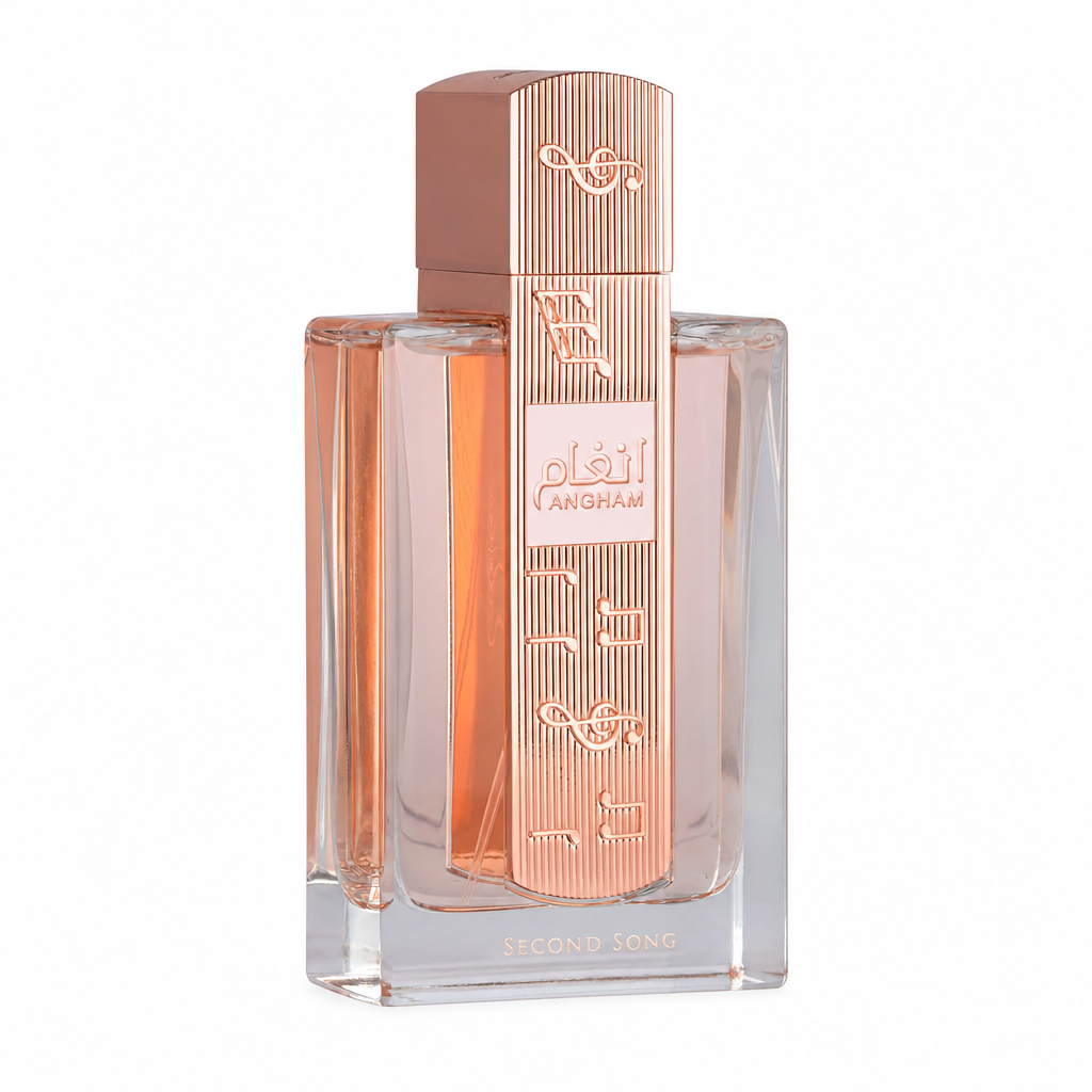 Lattafa Angham Second Song bottle centered on square white background
