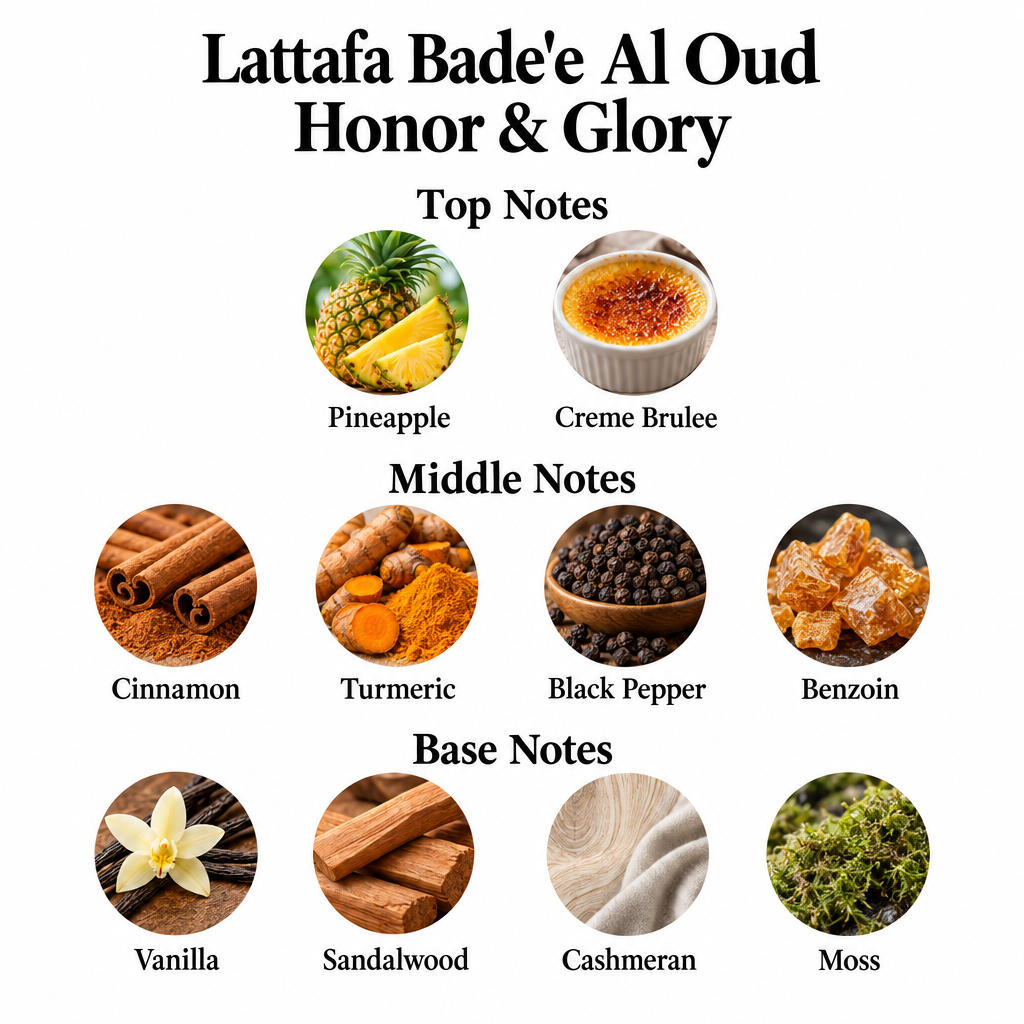 Honor & Glory: pineapple, creme brulee; cinnamon, turmeric, black pepper, benzoin; vanilla, sandalwood, cashmeran, moss.