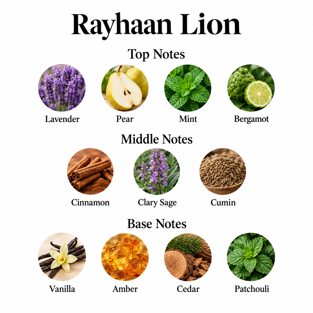 Lion notes: lavender, pear, mint, bergamot; cinnamon, clary sage, cumin; vanilla, amber, cedar, patchouli.
