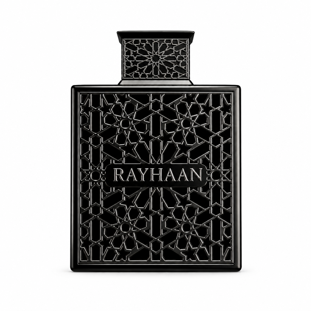 Rayhaan Obsidian fragrance bottle centered at a smaller scale on a white background.