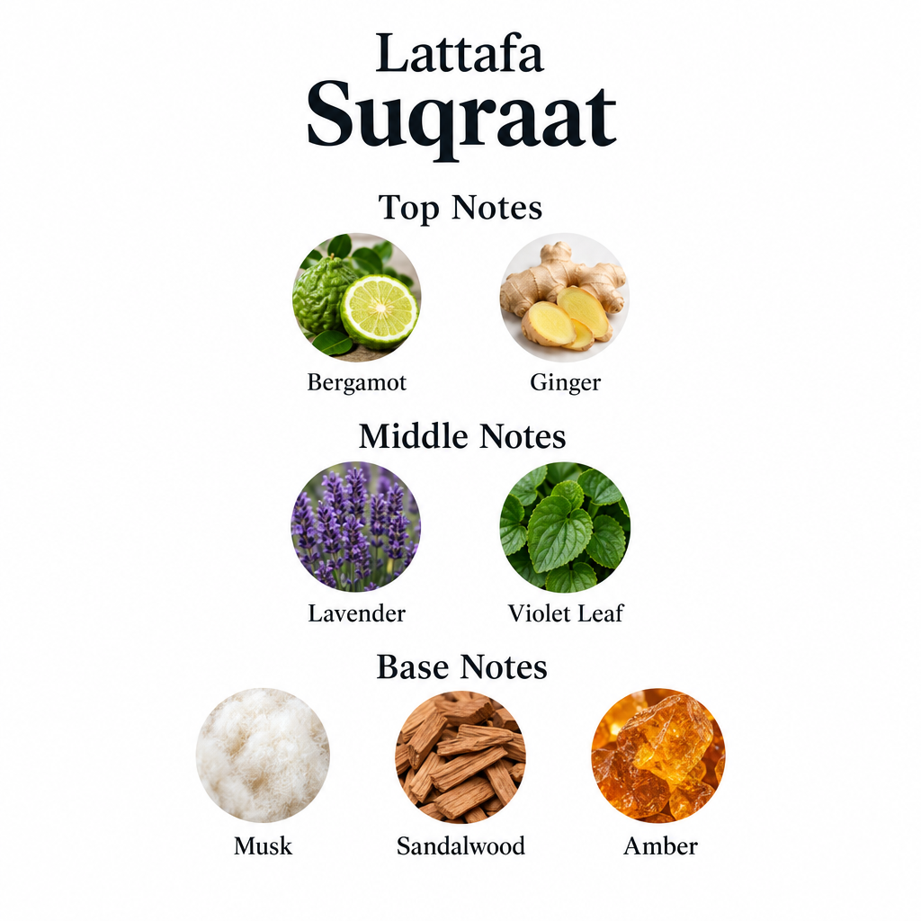 Lattafa Suqraat notes: bergamot, ginger; lavender, violet leaf; musk, sandalwood, amber.