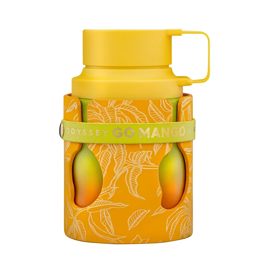 Armaf Odyssey Go Mango orange and yellow bottle with full cap and handle, framed with white margins on a square background.