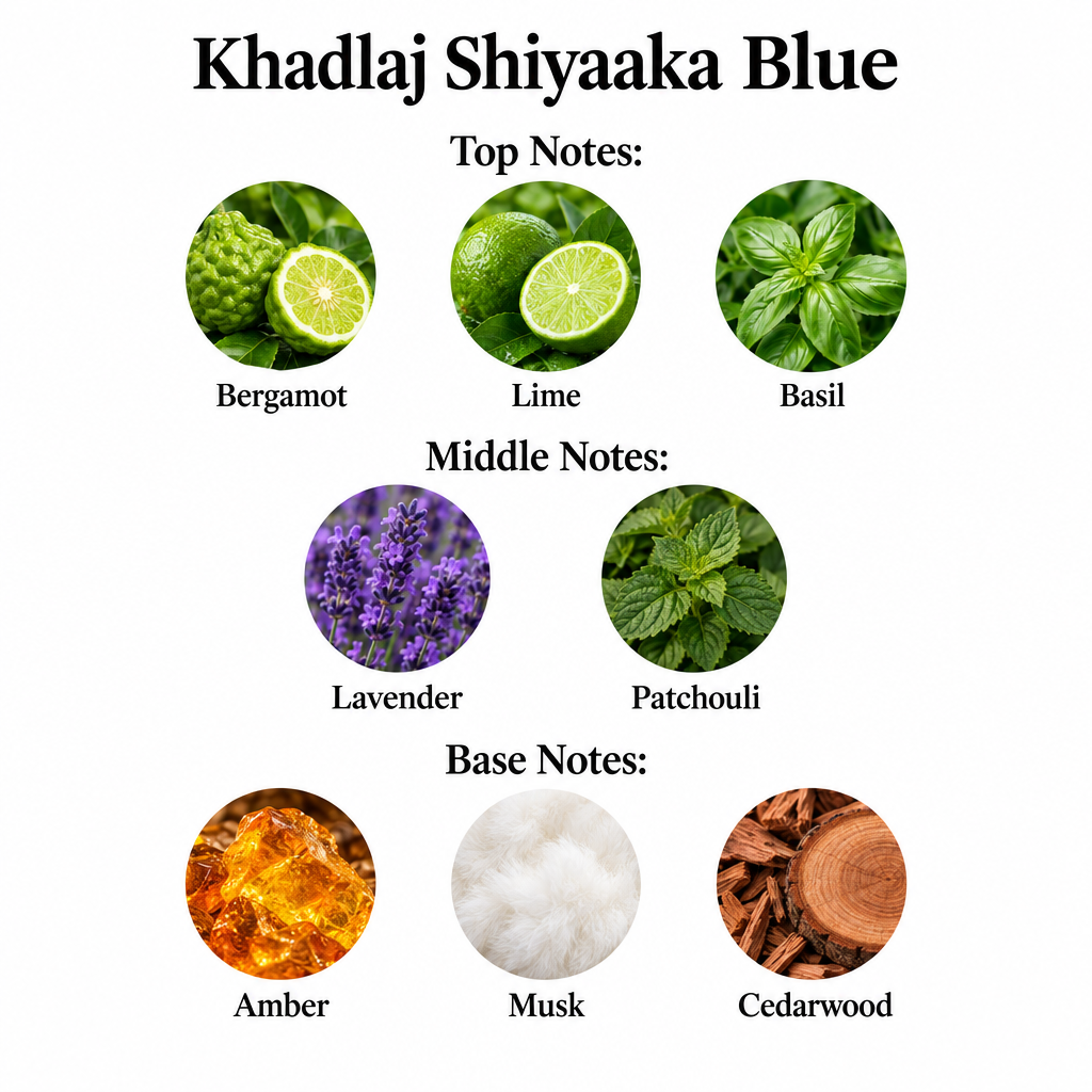 Khadlaj Shiyaaka Blue notes: bergamot, lime, basil; lavender, patchouli; amber, musk, cedarwood.
