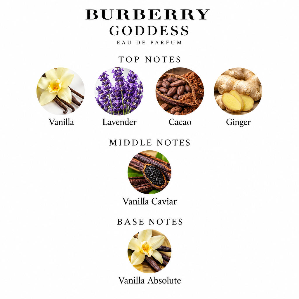 Burberry Goddess EDP notes: vanilla, lavender, cacao, ginger; vanilla caviar; vanilla absolute