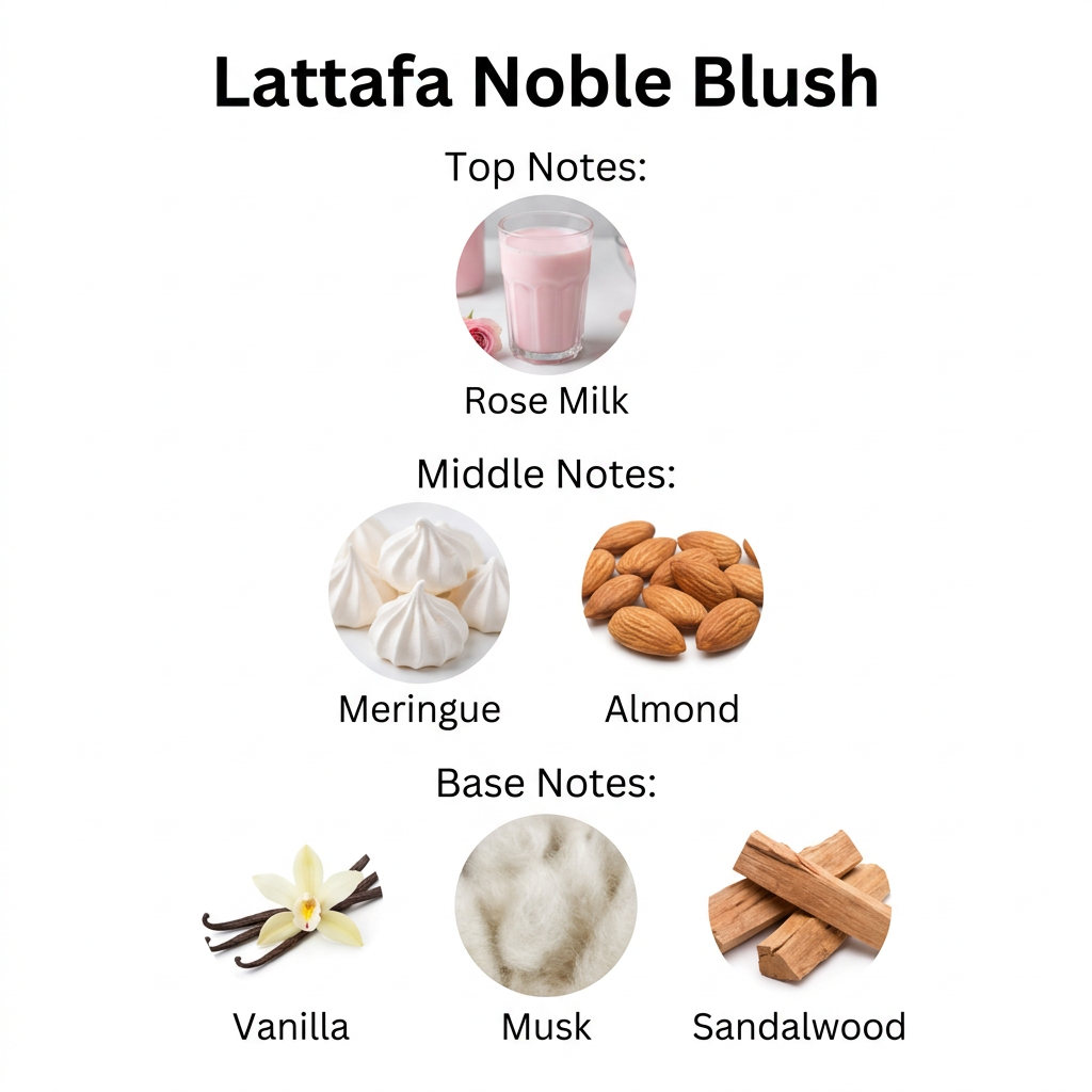 Lattafa Noble Blush notes: rose milk, meringue, almond, vanilla, musk and sandalwood.