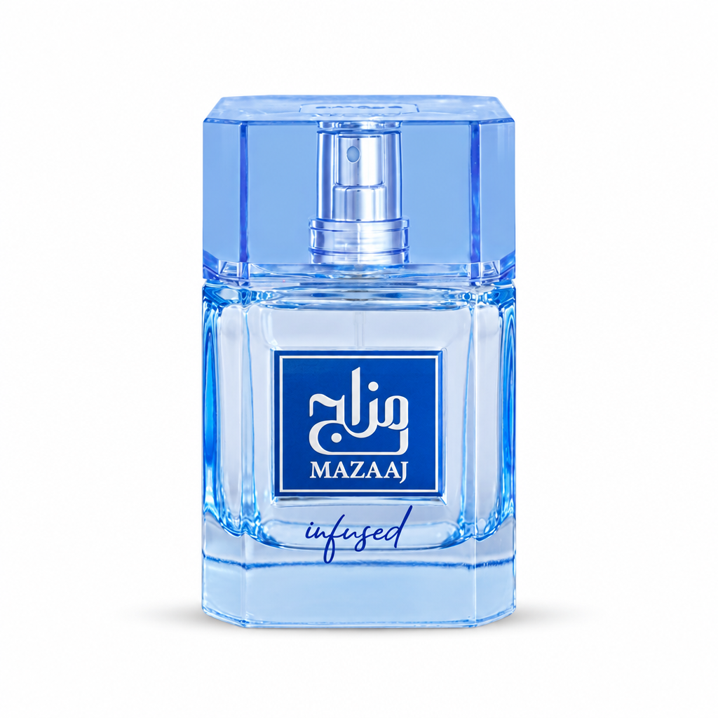 Zimaya Mazaaj Infused pale blue glass bottle with transparent cap centered on white.