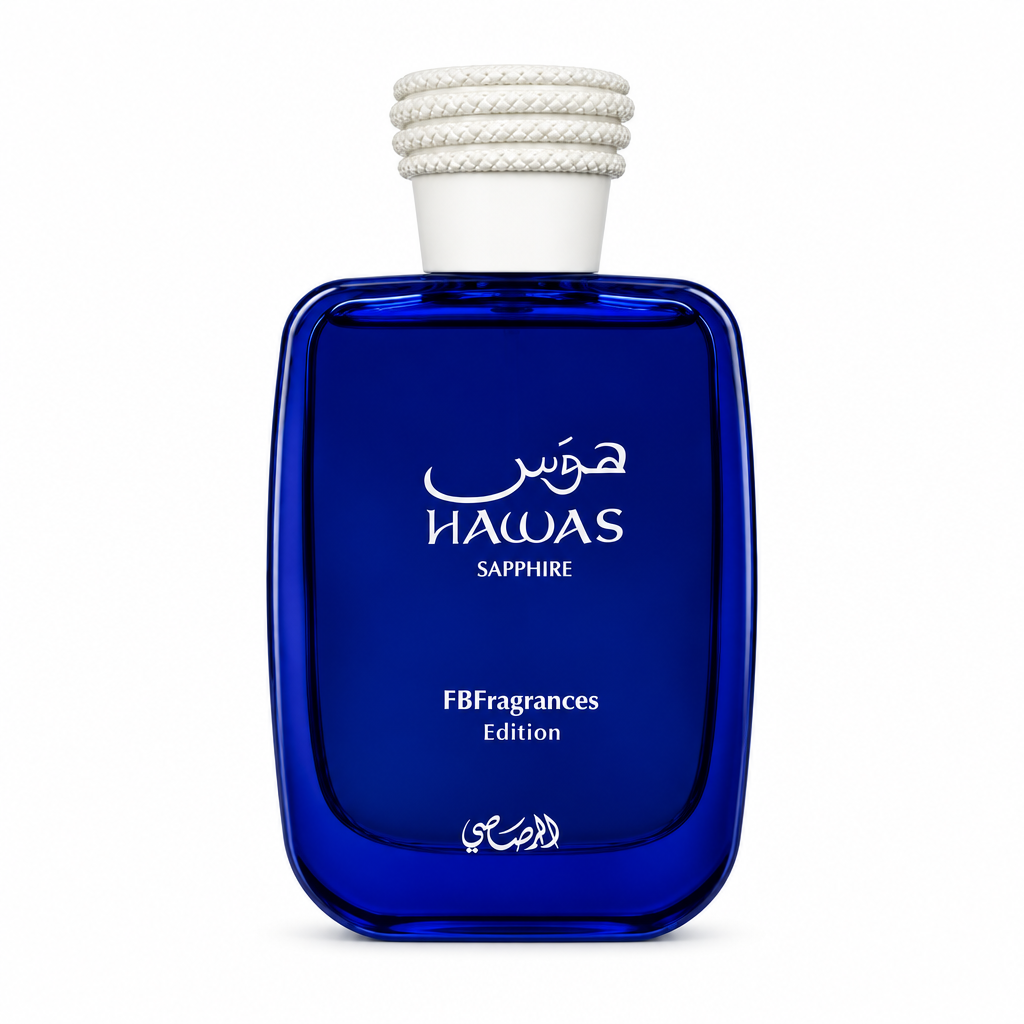 Rasasi Hawas Sapphire blue fragrance bottle with a white cap on a white background.