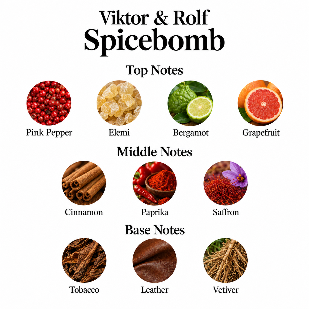 Spicebomb notes: pink pepper, elemi, bergamot, grapefruit; cinnamon, paprika, saffron; tobacco, leather, vetiver.