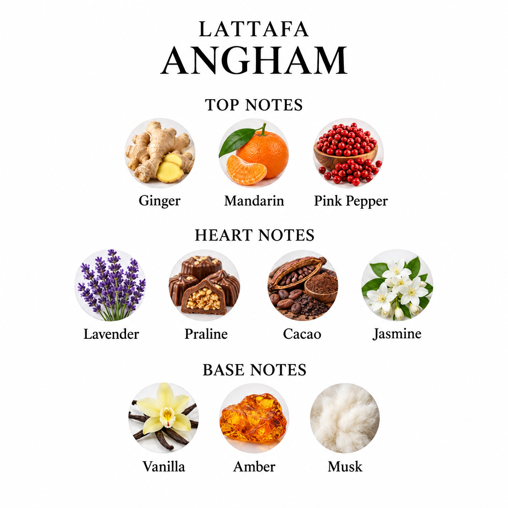 Lattafa Angham notes: ginger, mandarin, pink pepper, lavender, praline, cacao, jasmine, vanilla, amber and musk