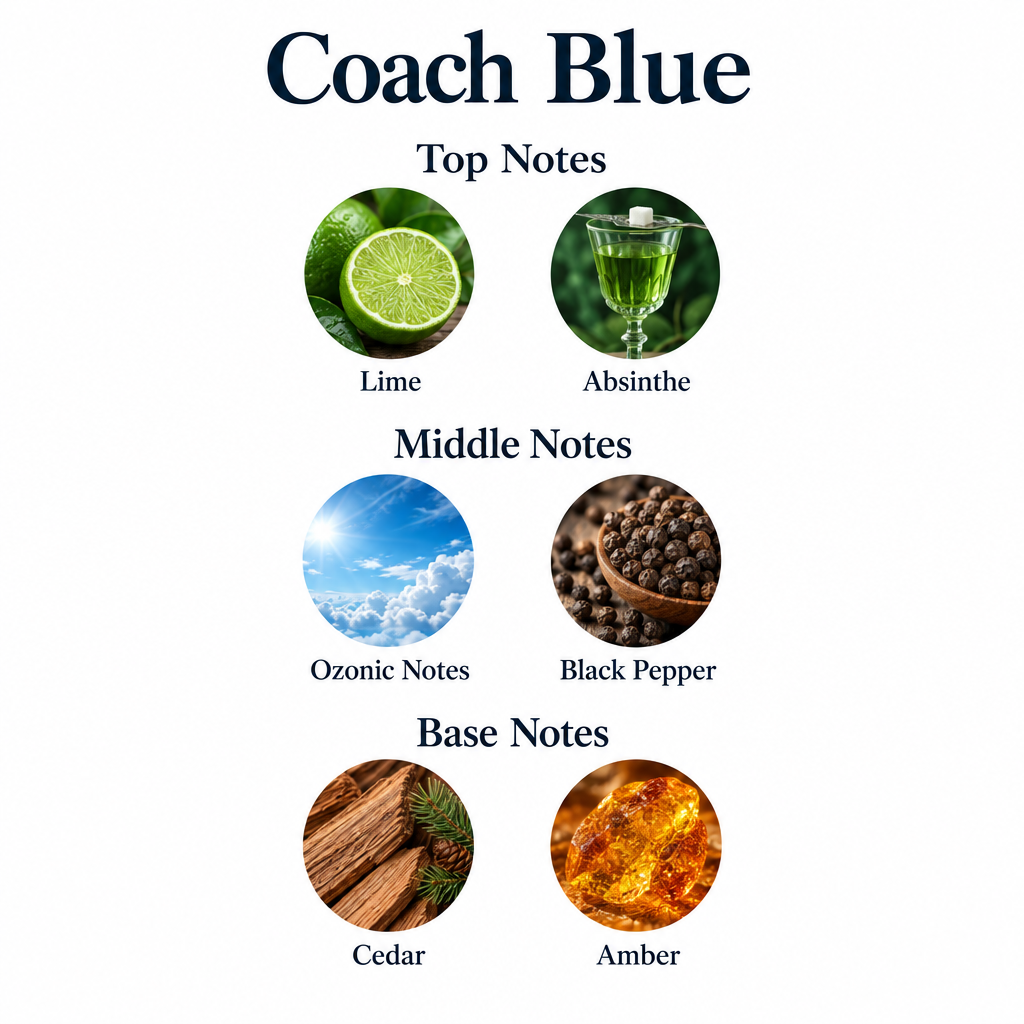Coach Blue notes: lime and absinthe; ozonic notes and black pepper; cedar and amber.
