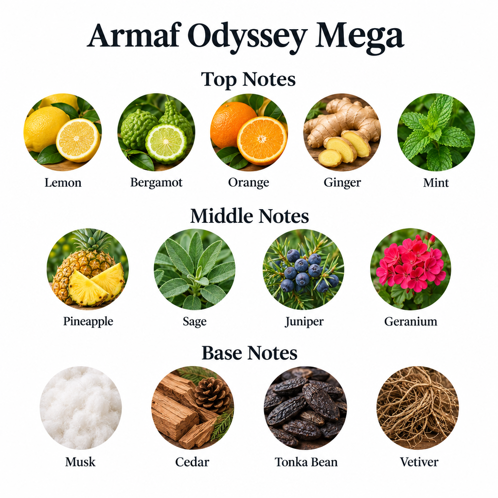 Armaf Odyssey Mega notes: lemon, bergamot, orange, ginger, mint; pineapple, sage, juniper, geranium; musk, cedar, tonka bean, vetiver.