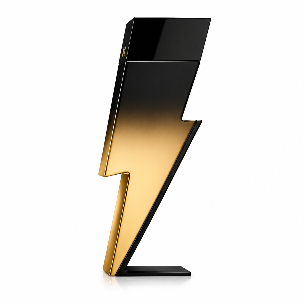 Carolina Herrera Bad Boy Extreme black-and-gold lightning-bolt fragrance bottle, closely framed on a white background.