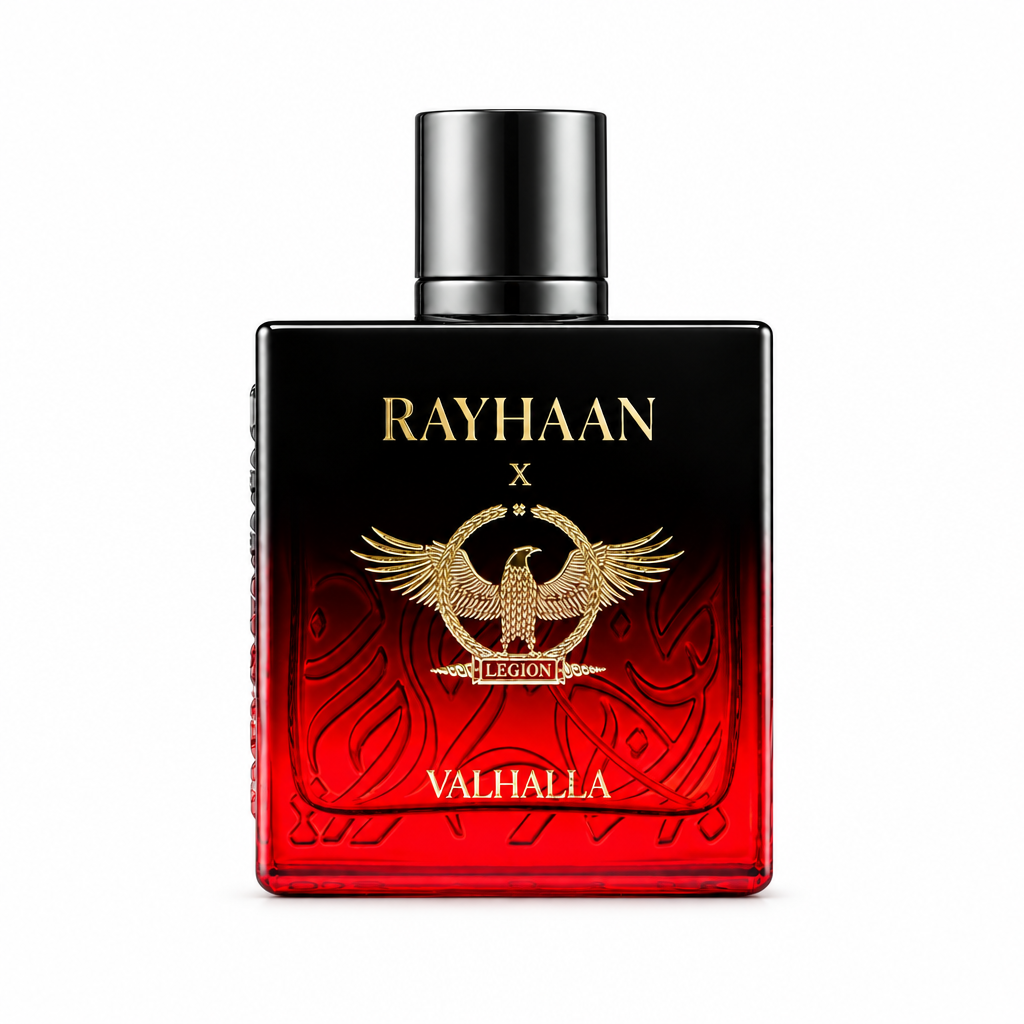 Rayhaan Valhalla fragrance bottle centered at a smaller scale on a white background.