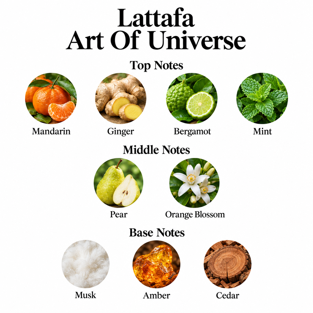 Lattafa Art Of Universe: mandarin, ginger, bergamot, mint; pear, orange blossom; musk, amber, cedar.