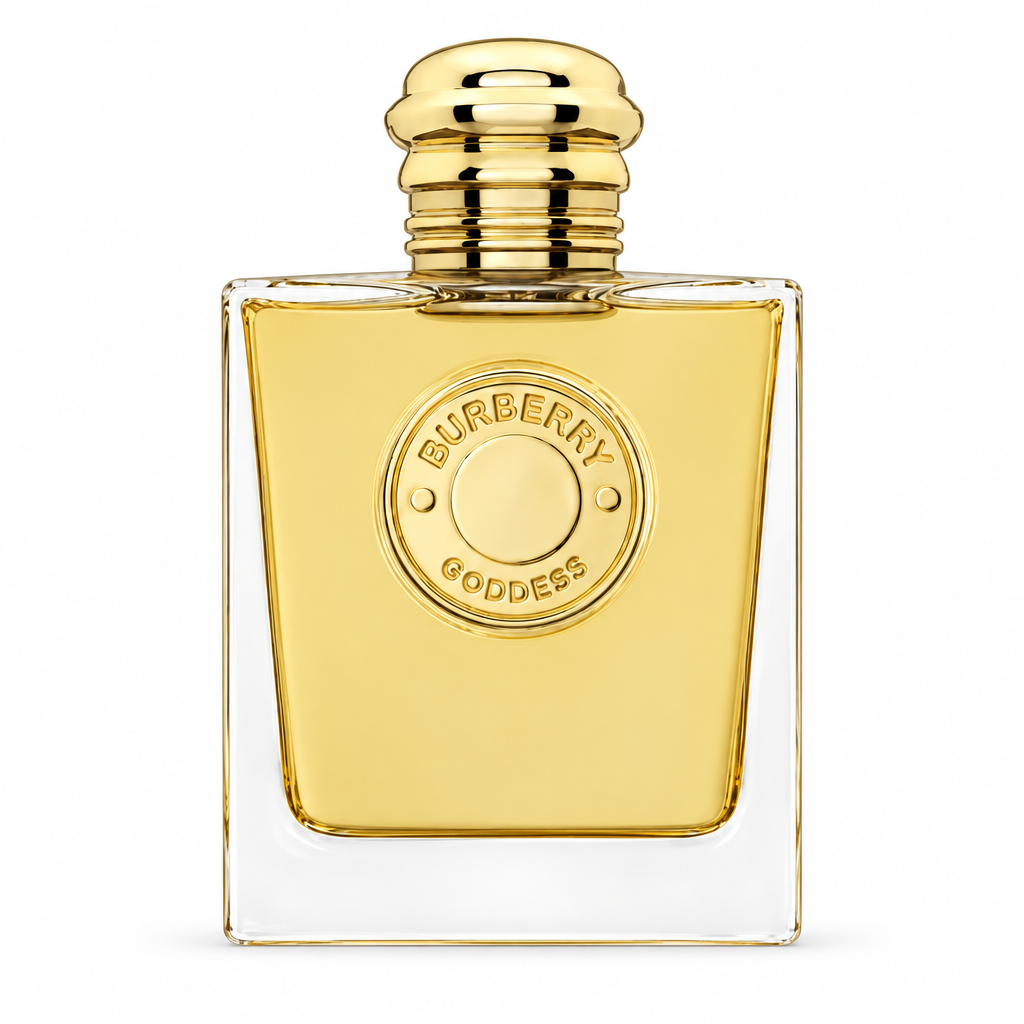 Burberry Goddess EDP golden fragrance bottle with gold ridged cap and circular Burberry Goddess medallion, closely framed on white.