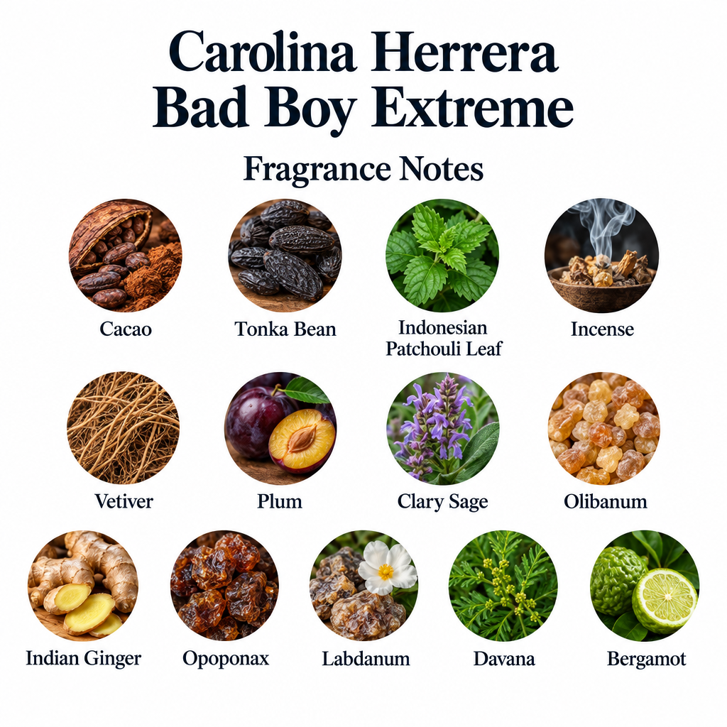 Carolina Herrera Bad Boy Extreme notes: cacao, tonka bean, Indonesian patchouli leaf, incense, vetiver, plum, clary sage, olibanum, Indian ginger, opoponax, labdanum, davana, bergamot.