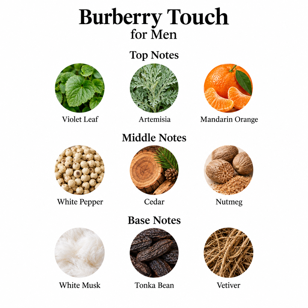 Burberry Touch for Men notes: violet leaf, artemisia, mandarin orange; white pepper, cedar, nutmeg; white musk, tonka bean, vetiver.