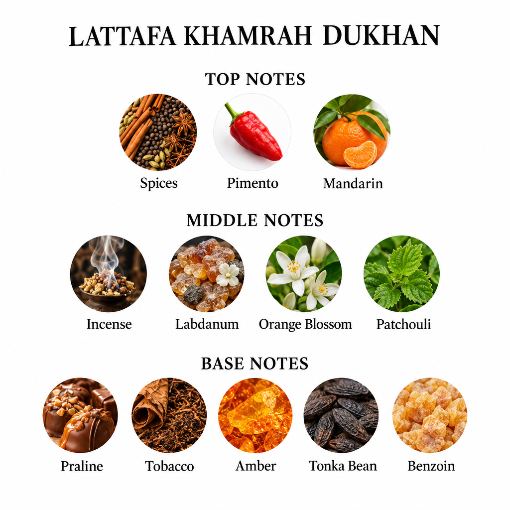 Lattafa Khamrah Dukhan notes card: spices, pimento, mandarin, incense, labdanum, orange blossom, patchouli, praline, tobacco, amber, tonka bean and benzoin