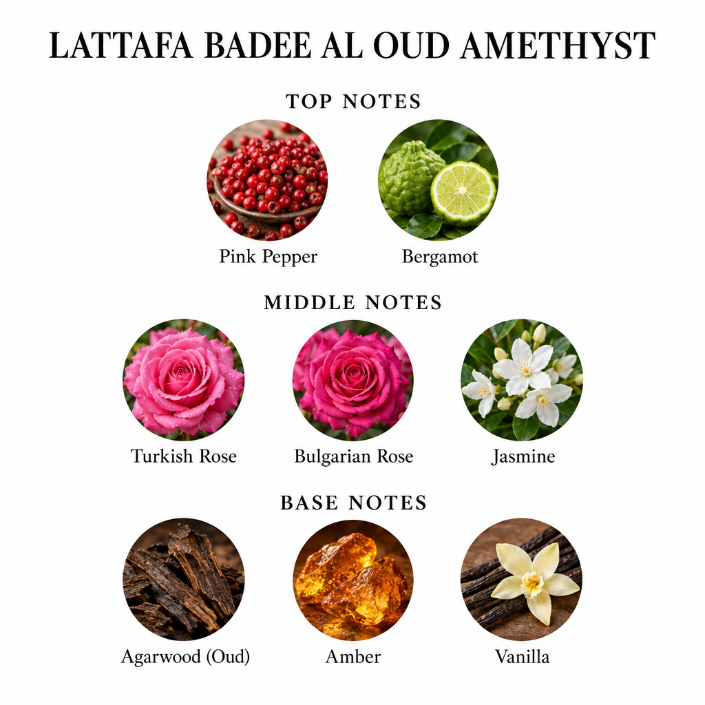 Lattafa Badee Al Oud Amethyst fragrance notes: Pink Pepper, Bergamot; Turkish Rose, Bulgarian Rose, Jasmine; Agarwood (Oud), Amber, Vanilla