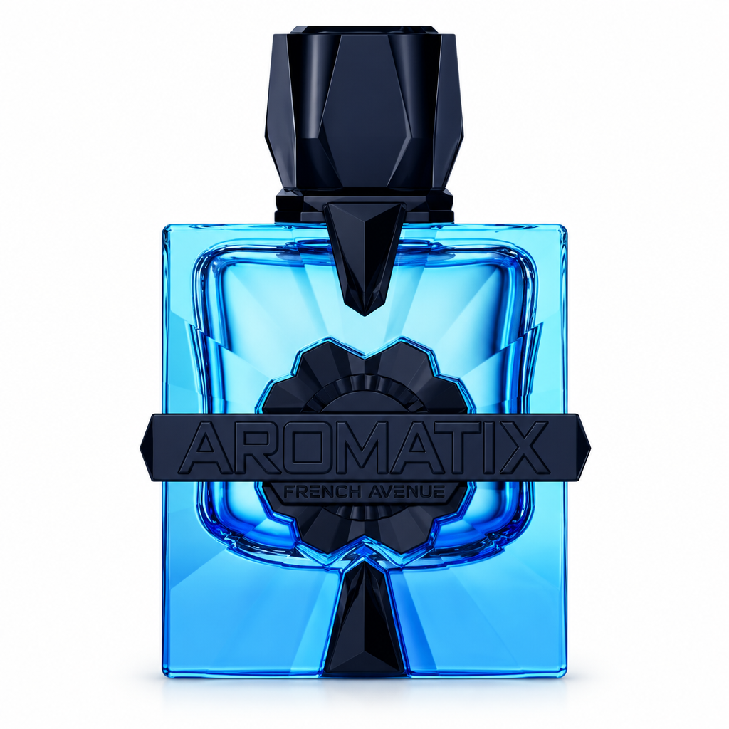 Aromatix X Magnetiq blue glass fragrance bottle with dark cap and Aromatix French Avenue plaque, closely framed on white.
