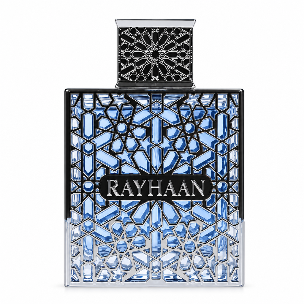 Rayhaan Aquatica fragrance bottle with silver geometric detailing on a white background.