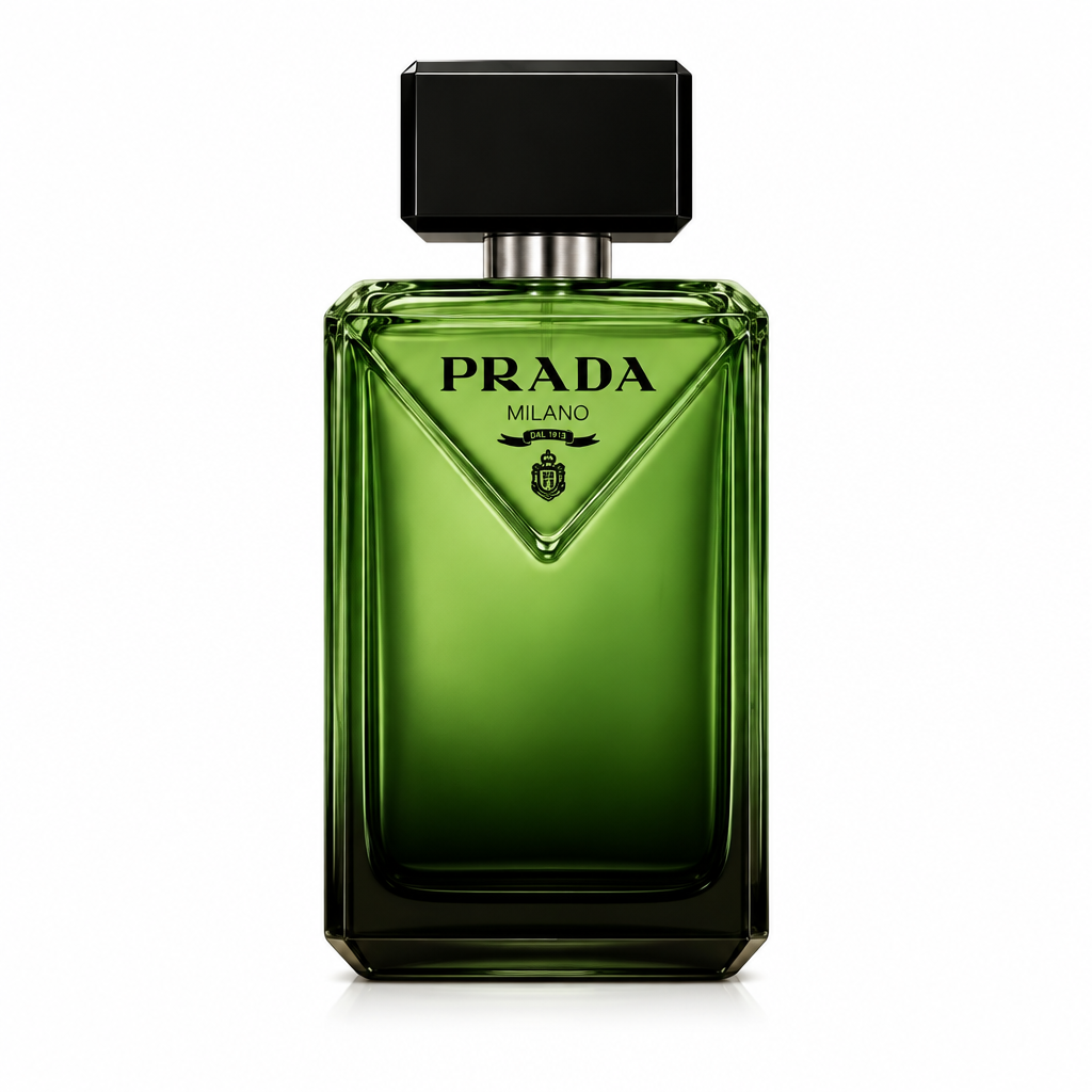 Prada Paradigme EDP green fragrance bottle on a white background.