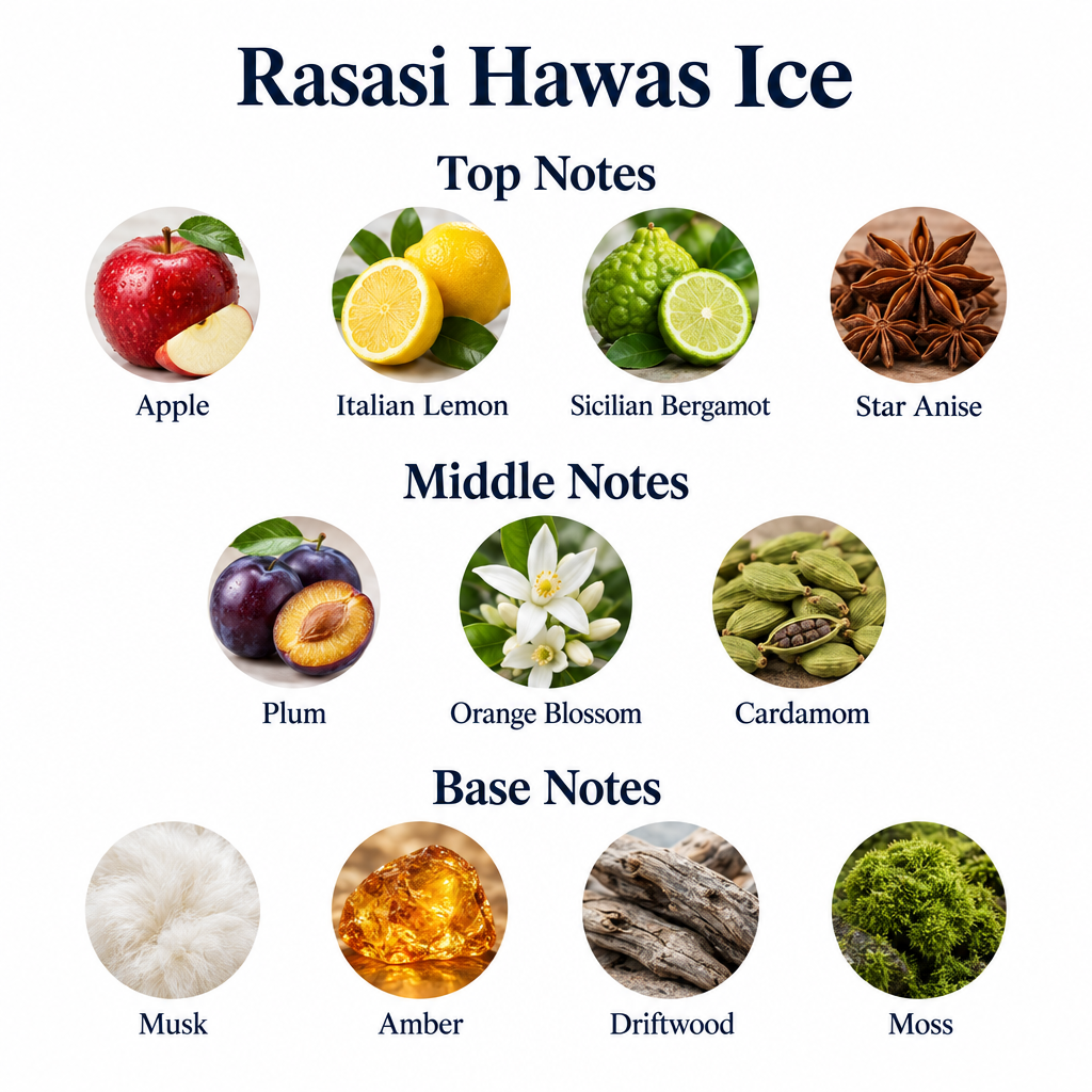 Hawas Ice notes: apple, Italian lemon, Sicilian bergamot, star anise; plum, orange blossom, cardamom; musk, amber, driftwood, moss.