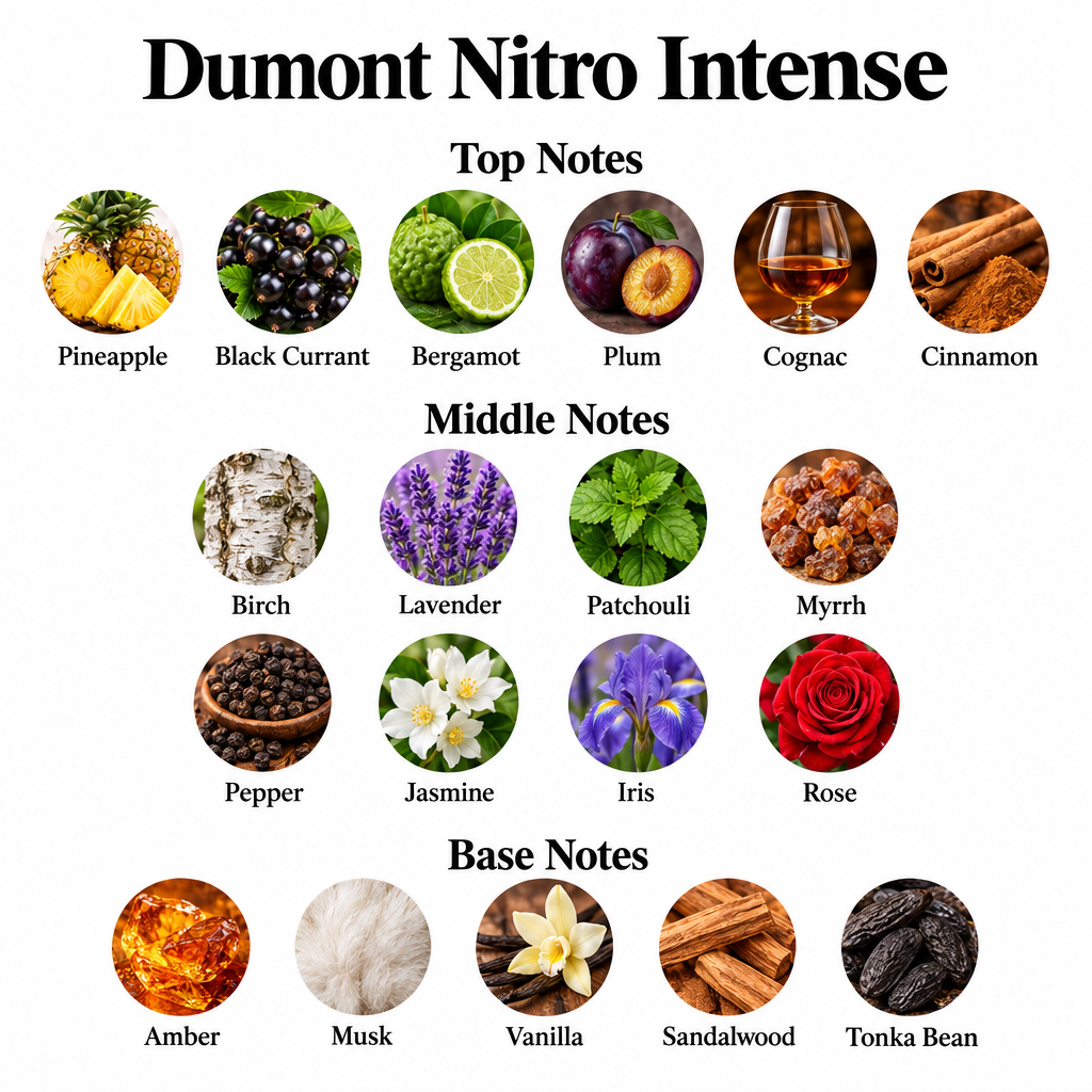 Dumont Nitro Intense notes card showing top, middle, and base fragrance notes