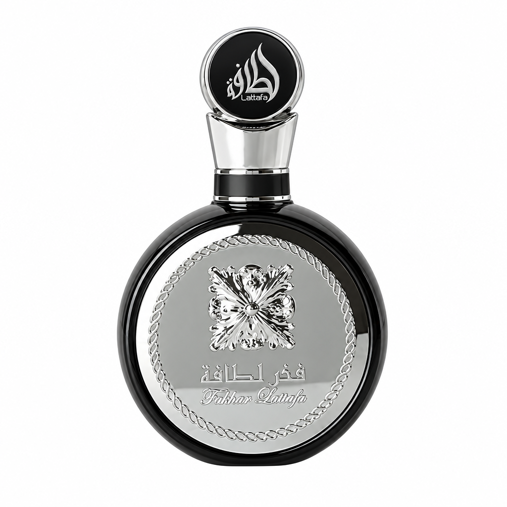 Lattafa Fakhar black and silver round bottle centered on white without its box.