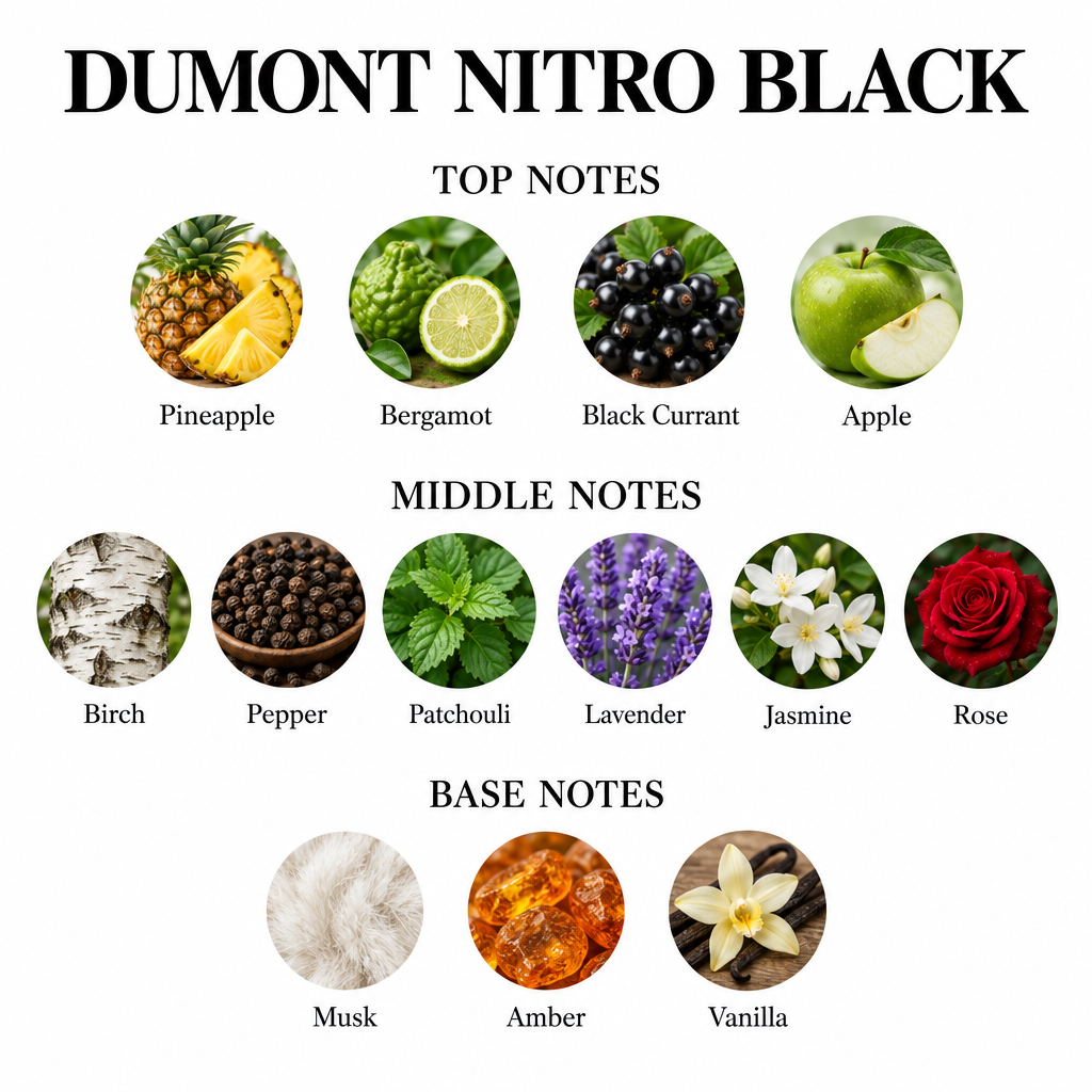 Dumont Nitro Black notes card: Pineapple, Bergamot, Black Currant, Apple; Birch, Pepper, Patchouli, Lavender, Jasmine, Rose; Musk, Amber, Vanilla