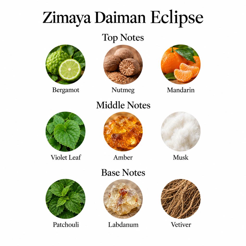 Daiman Eclipse notes: bergamot, nutmeg, mandarin; violet leaf, amber, musk; patchouli, labdanum, vetiver.